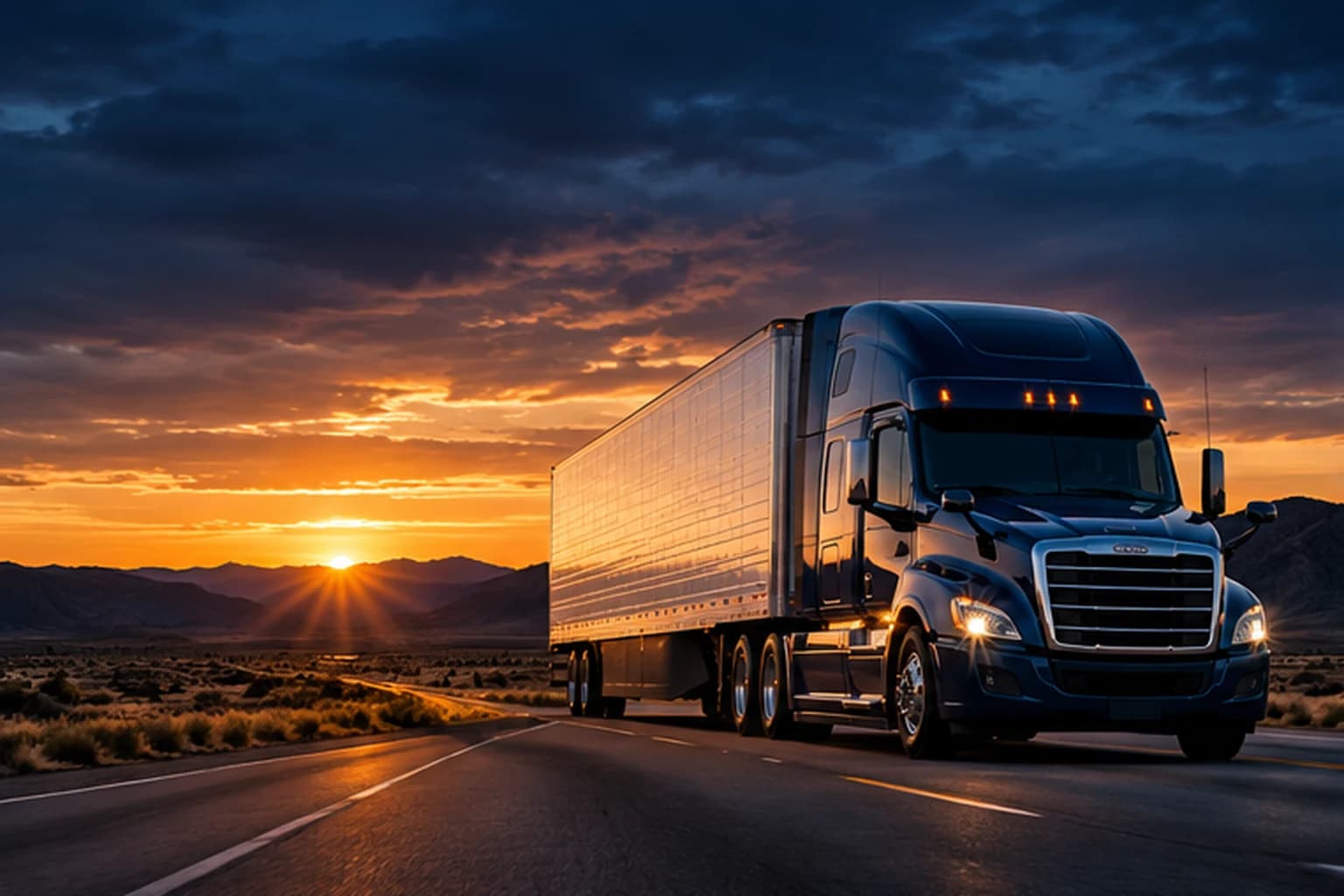 Commercial tractor-trailer traveling on an open highway at sunset